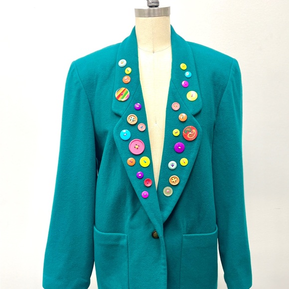 Vintage Customized American Eagle Outfitters Teal Blazer with Colorful Buttons - Picture 1 of 6